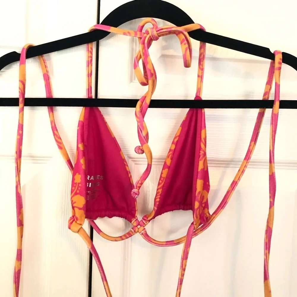 Frankies Bikinis Orange and Pink Terry Hibiscus 3 Piece Bikini Set Size L